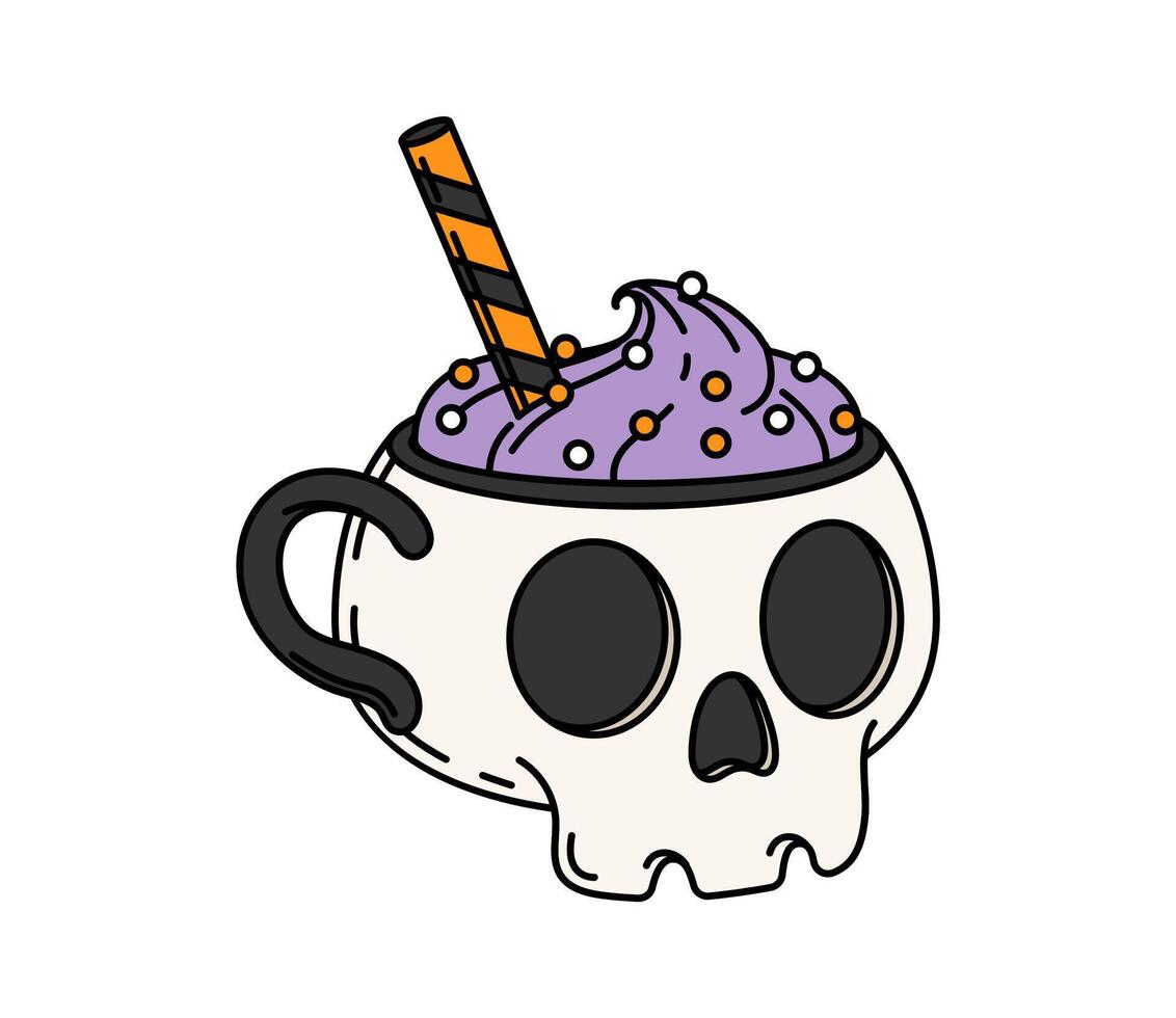 Cartoon groovy Halloween skull mug cocktail drink vector