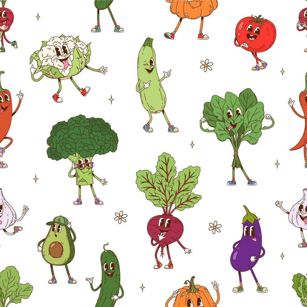 Groovy vegetable character seamless tile pattern vector