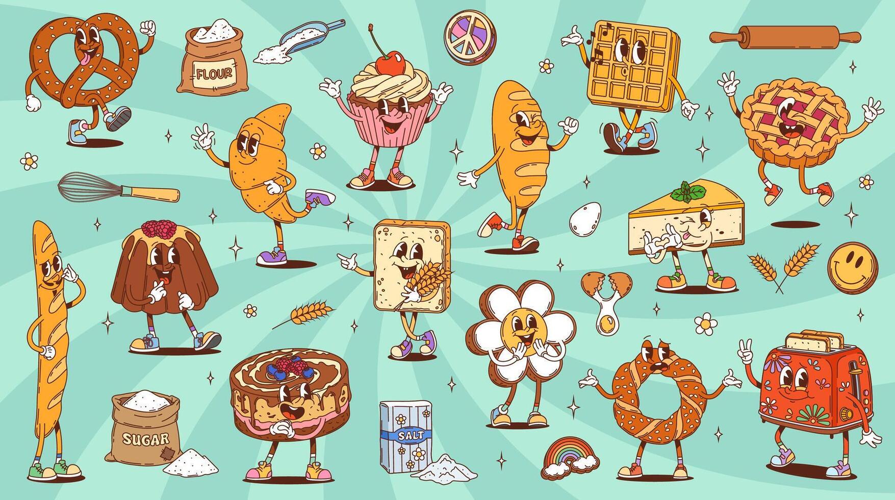 Groovy bakery and desserts cartoon characters vector