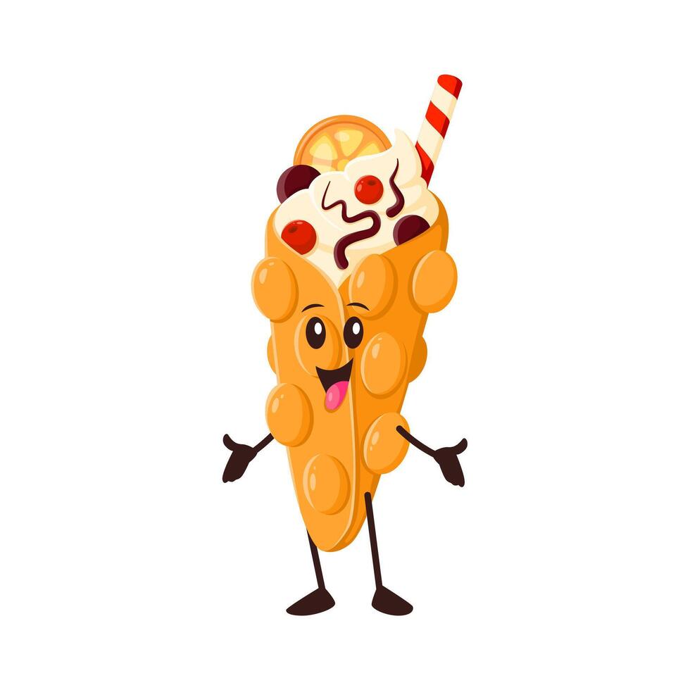 Cartoon funny bubble waffle, fast food character vector