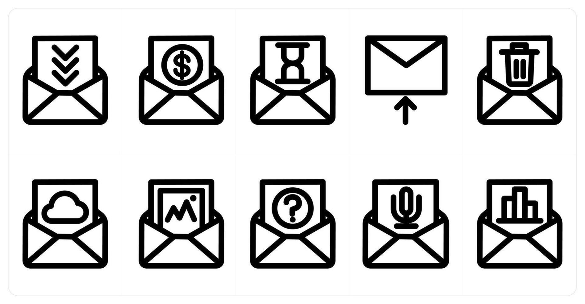 Set of 10 message icons as message, increment letter, message on time vector