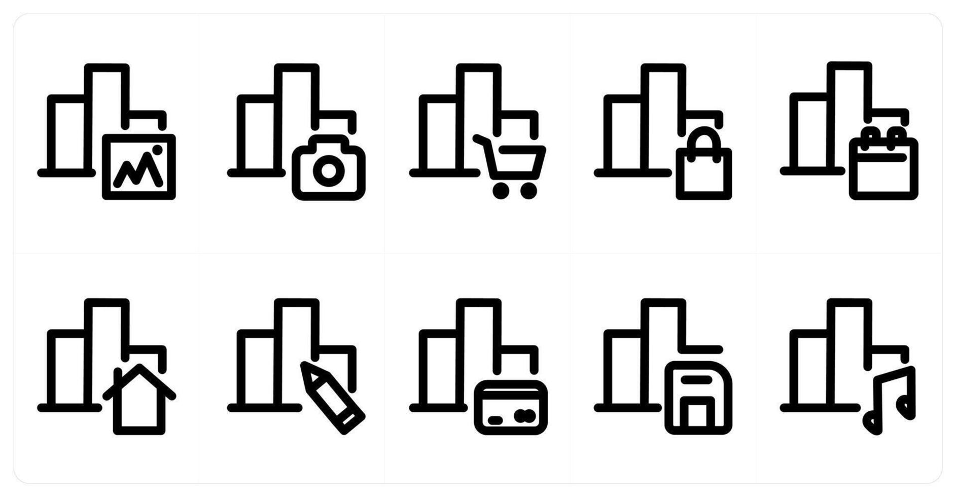 Set of 10 bar graph icons as graph image, graph camera, graph cart vector