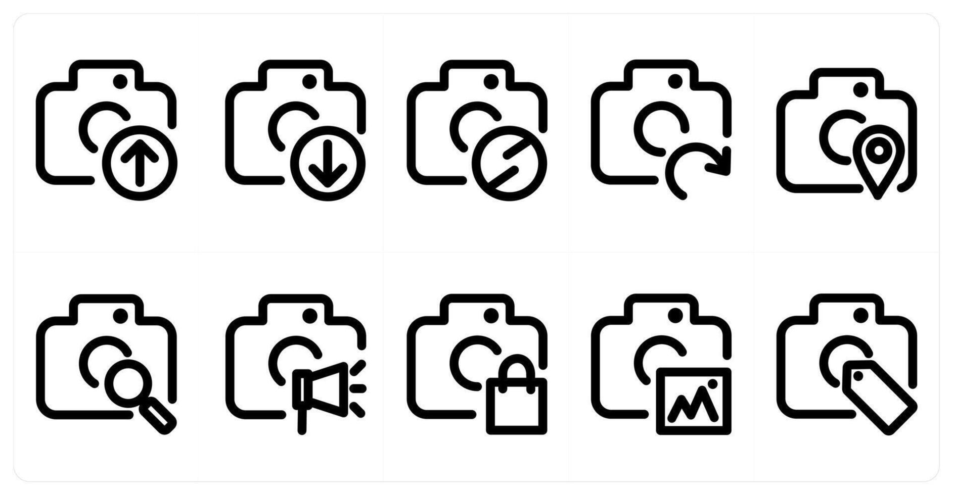 Set of 10 camera icons as camera upload, camera download, camera prohibited vector