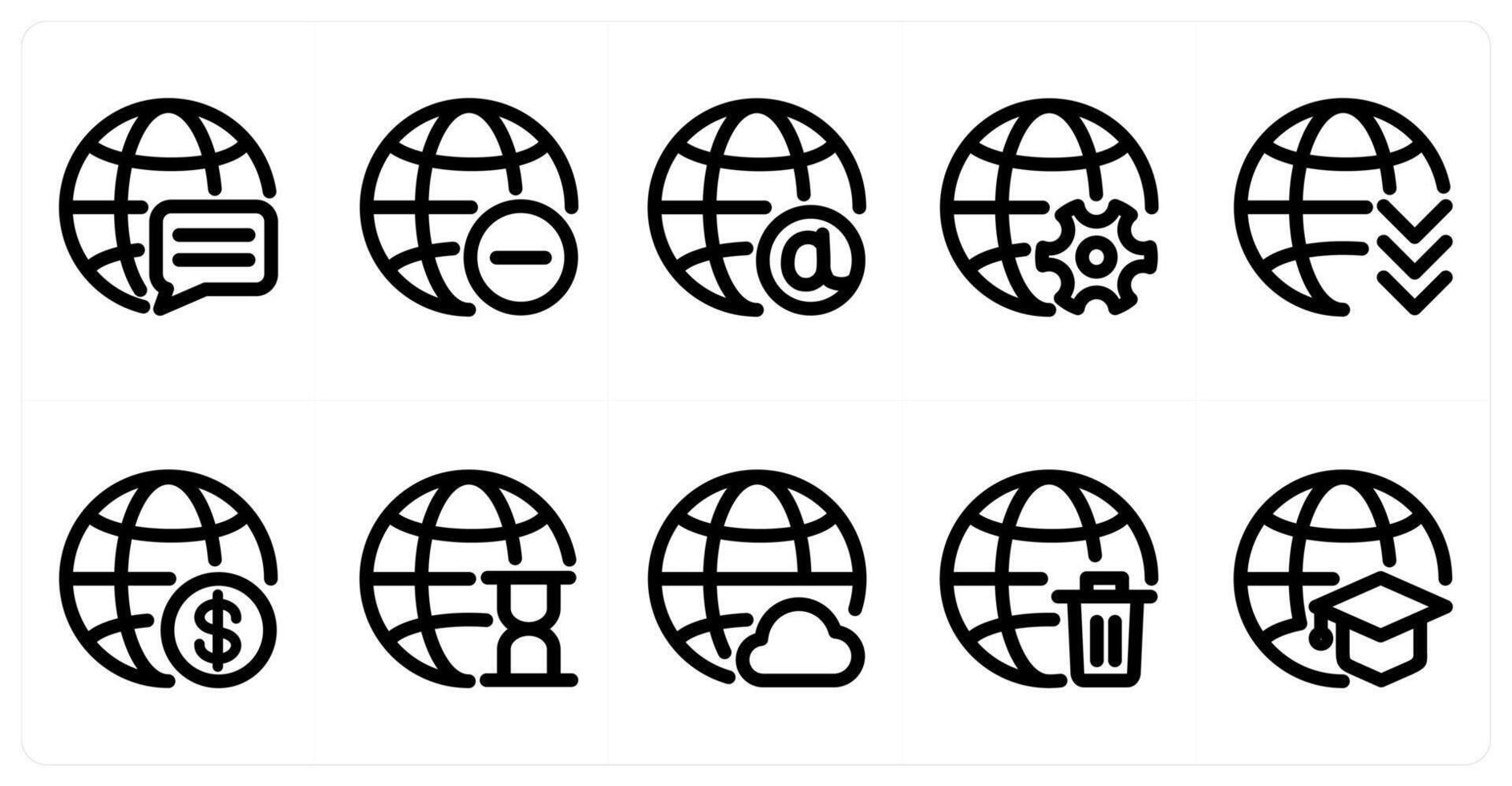Set of 10 global icons as global message, remove global, email global vector
