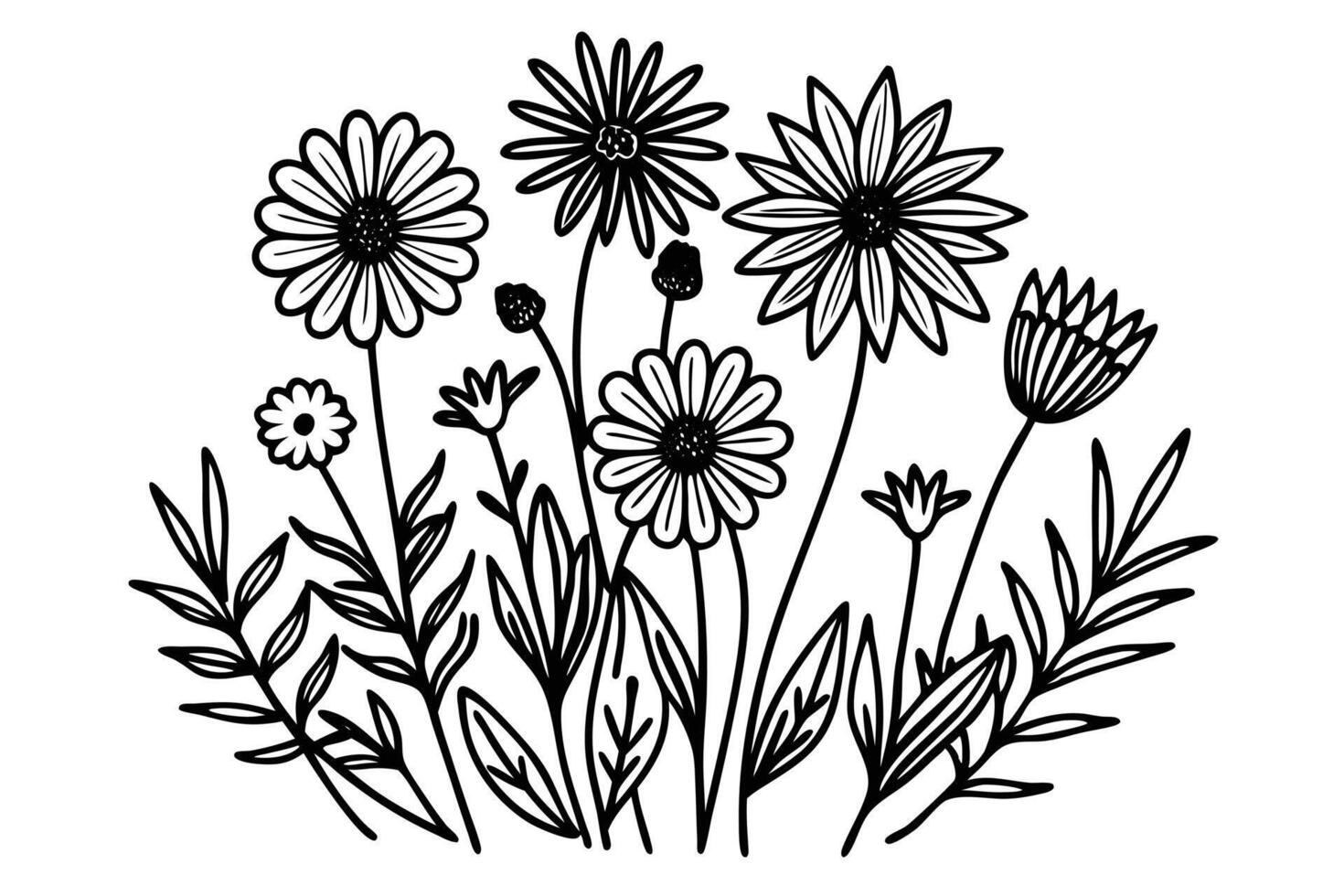 Black and white floral design of various flowers and plants. vector