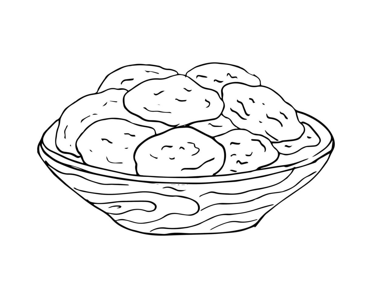 Dried apricots on a wooden bowl. Hand-drawn illustrayion on white background. vector