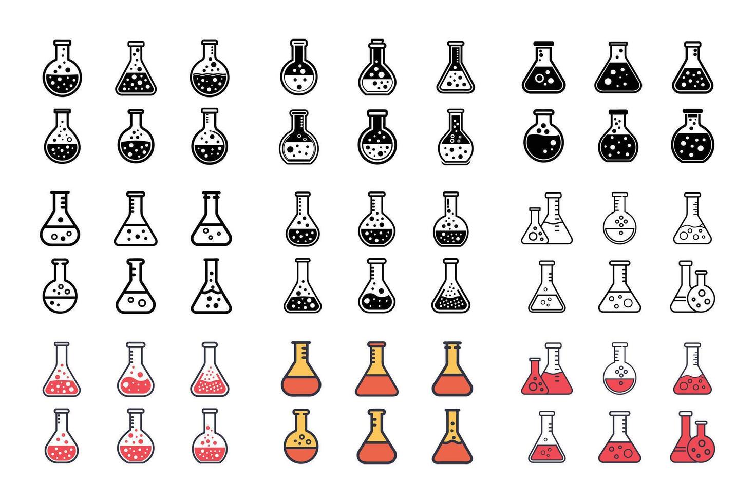 aboratory Flask thin line monochrome silhouette illustration set vector