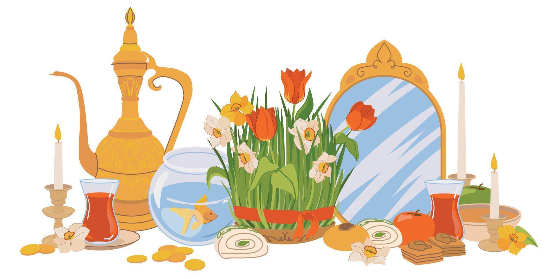 Products for the International Day of Navruz. Iranian New Year is a sacred day and religious holiday of Zoroastrians and Baha'is. Mirror, green grass, sweets, candles, vinegar, flowers. Flat . vector