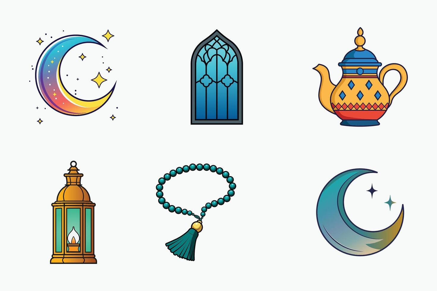Islamic festival and traditional graphic set in colorful flat isolated illustration for Ramadan and Eid vector