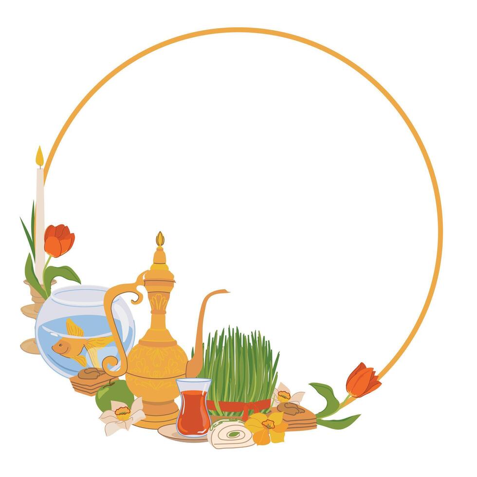 greeting card with Novruz. Round frame with space for text. Wheat sprouts, flowers, sweets, fish, mirror, baklava - symbols of the spring equinox. Iranian, Persian New Year Nawruz. vector