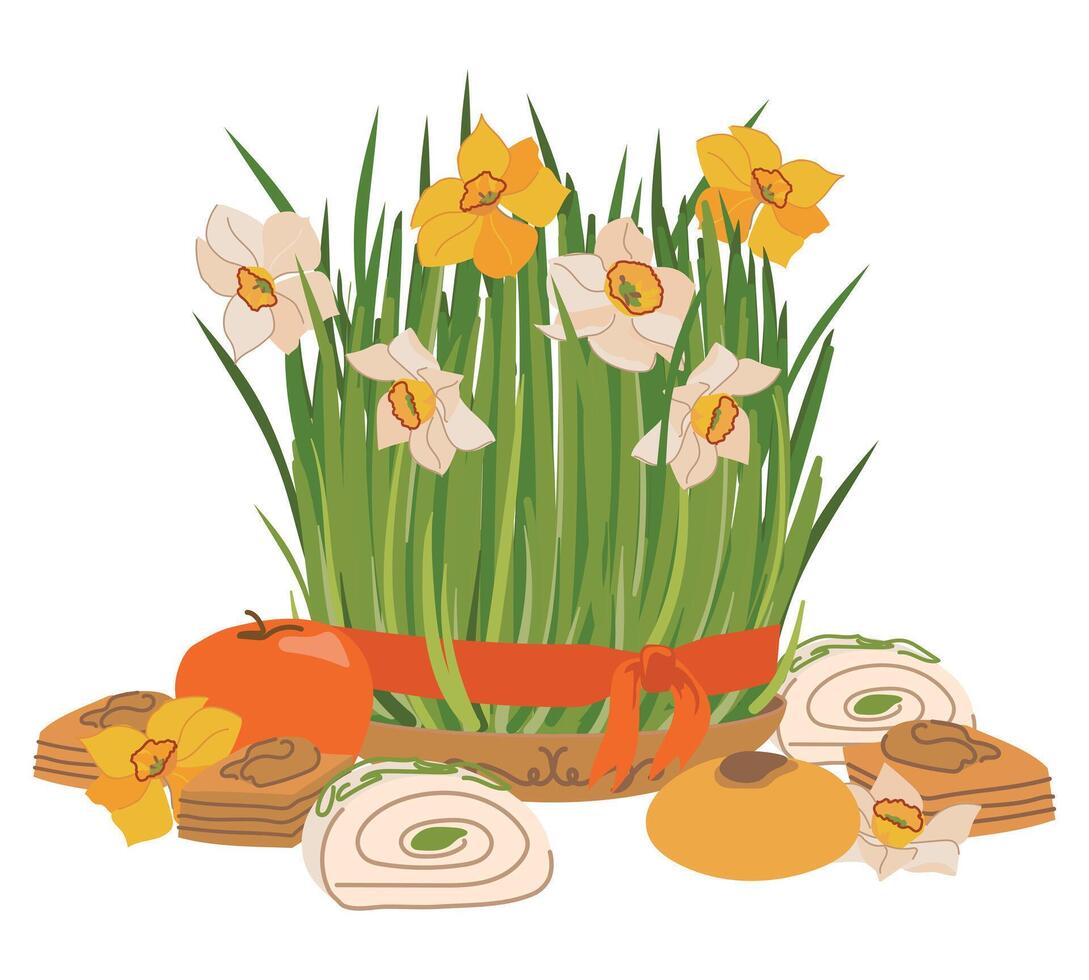 The most beautiful symbol of the Iranian table Haft Sin - green grass. Spring sprouts of wheat, a symbol of life and freshness for the Persian New Year. Flowers and sweets on the day of Nowruz. vector