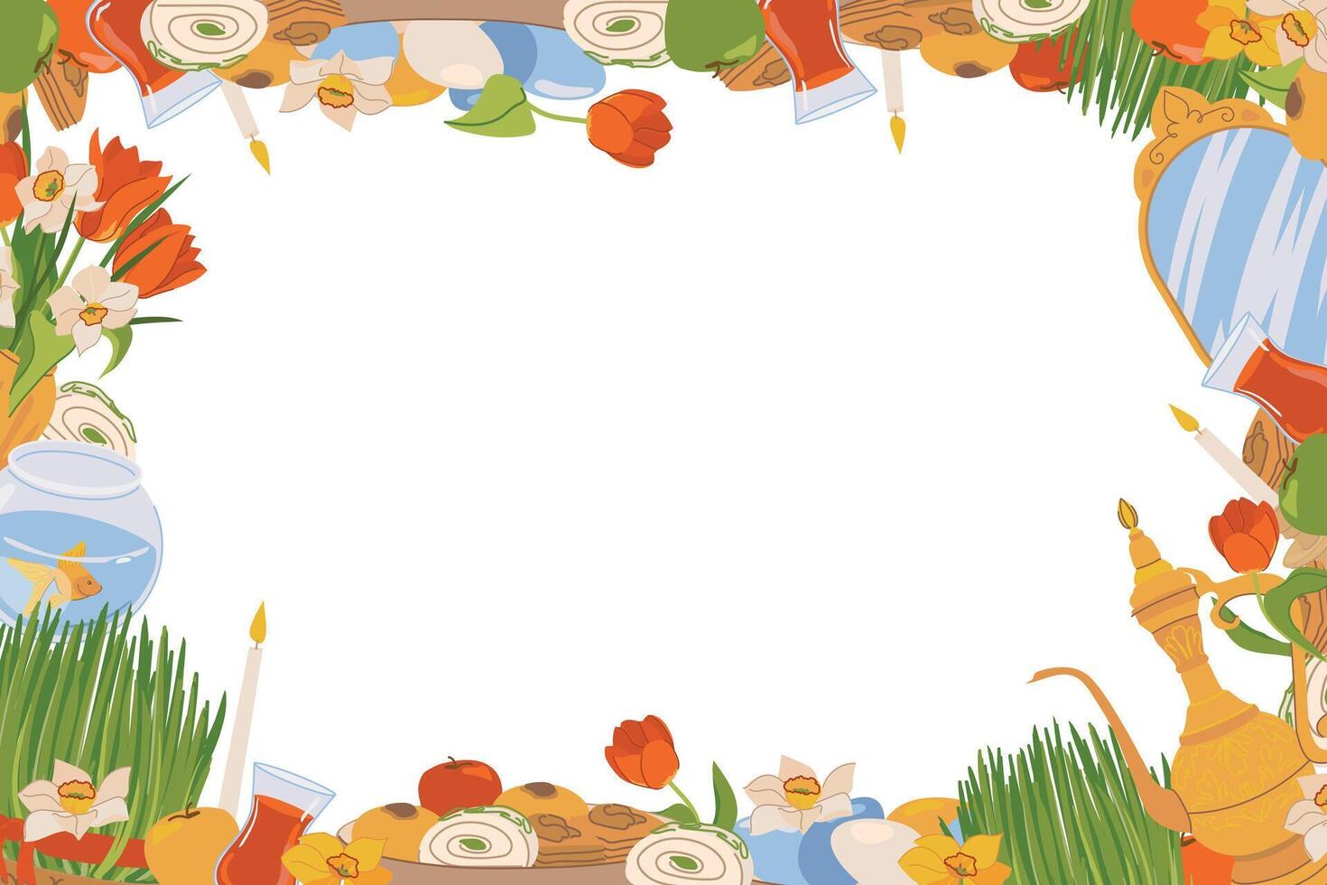 International Day of Nowruz card with a bridge for text. Iranian New Year is a holy day and religious holiday for Zoroastrians and Baha'is. Mirror, green grass, sweets, candles, flowers. . vector