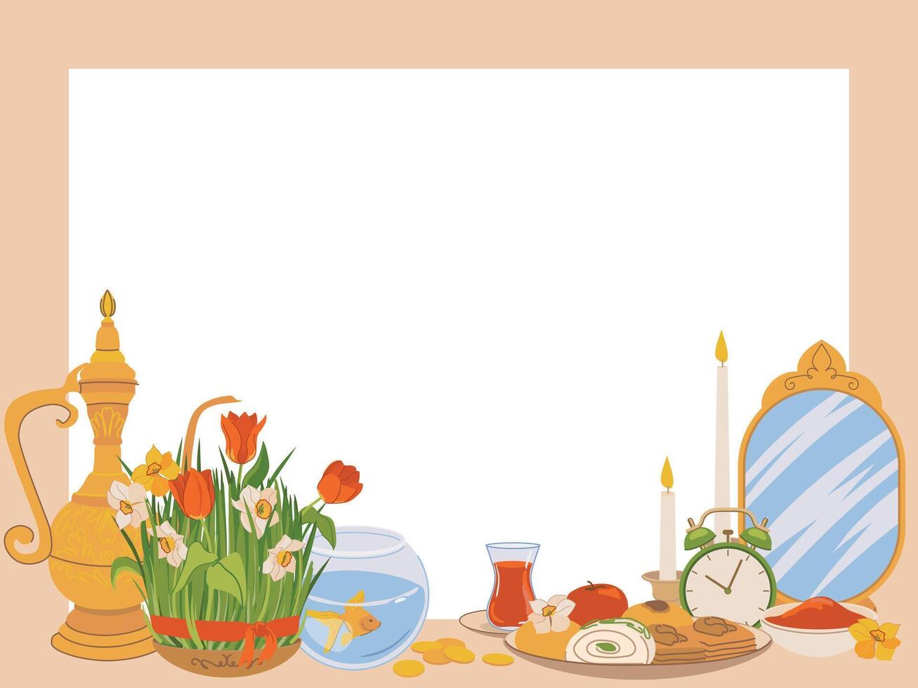 International Day of Nowruz card with a place for text. Iranian New Year is a holy day and religious holiday for Zoroastrians and Baha'is. Mirror, green grass, sweets, candles, flowers. . vector