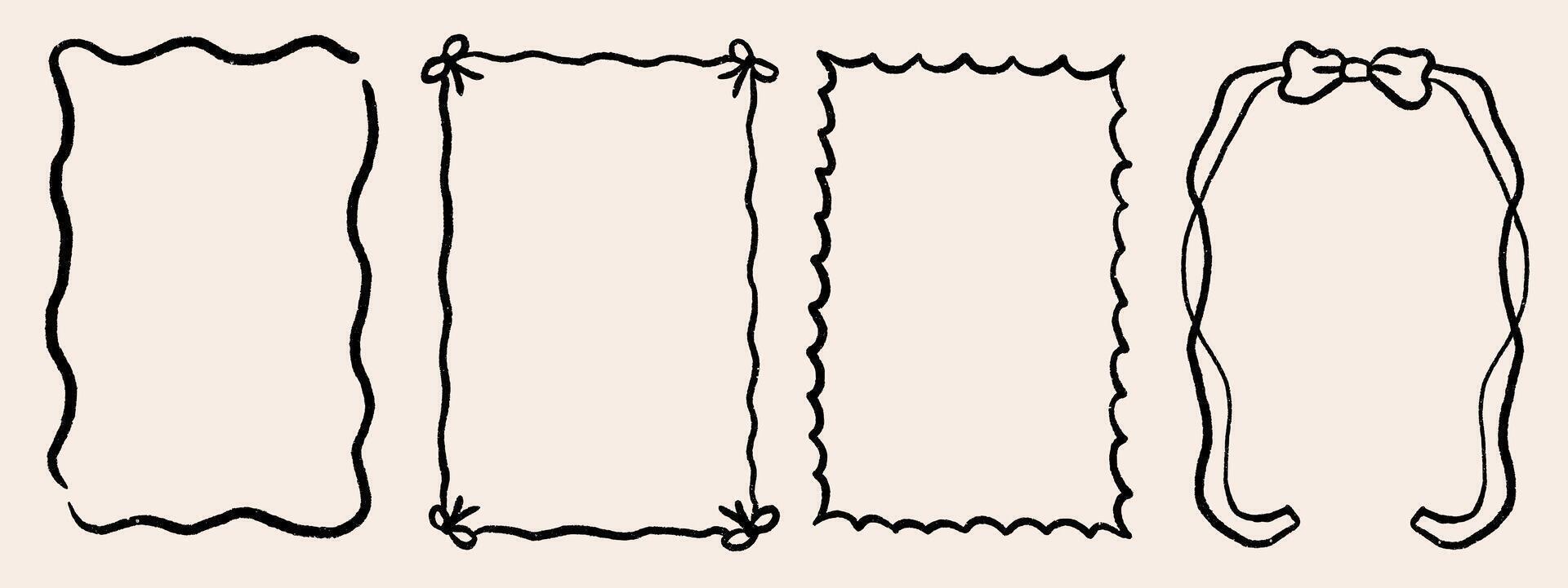 Set of outline scallop frame border in doodle style. Retro frame with wavy border and bow. Brush hand drawn rectangle vector