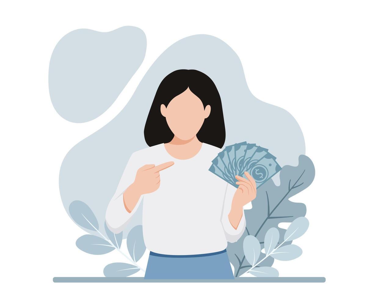 lucky girl hold lot of money, pointing at dollar bills in hand. Flat illustration isolated on white background vector