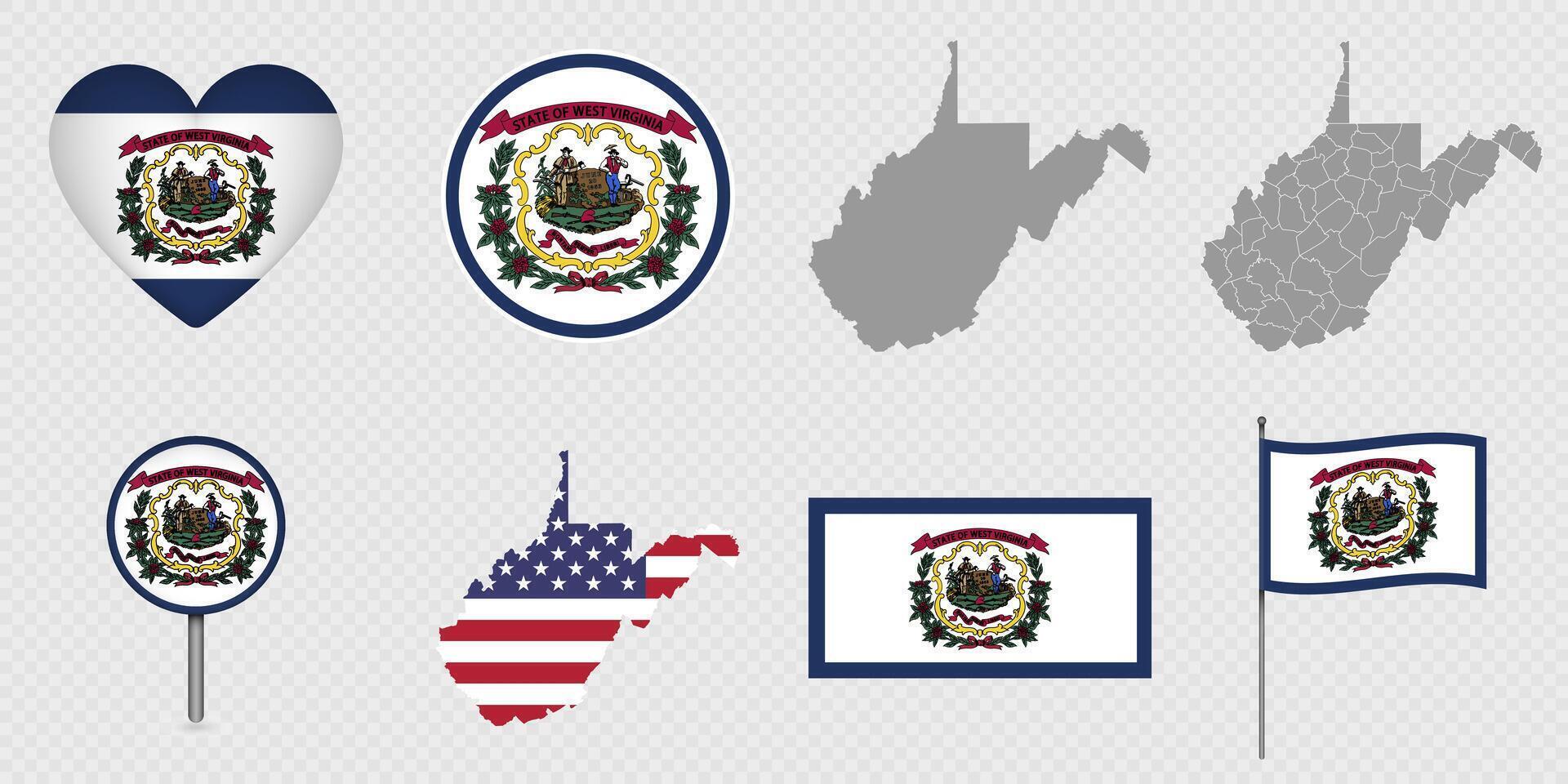 West Virginia State Flags and Maps Icon Pack. vector