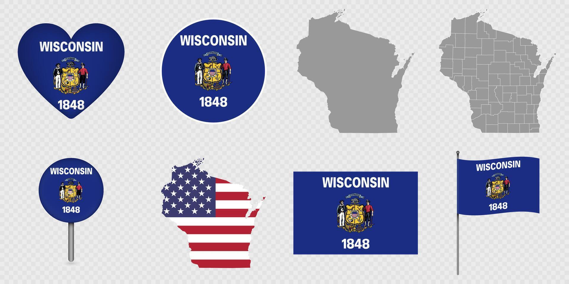 Wisconsin State Flags and Maps Icon Pack. vector