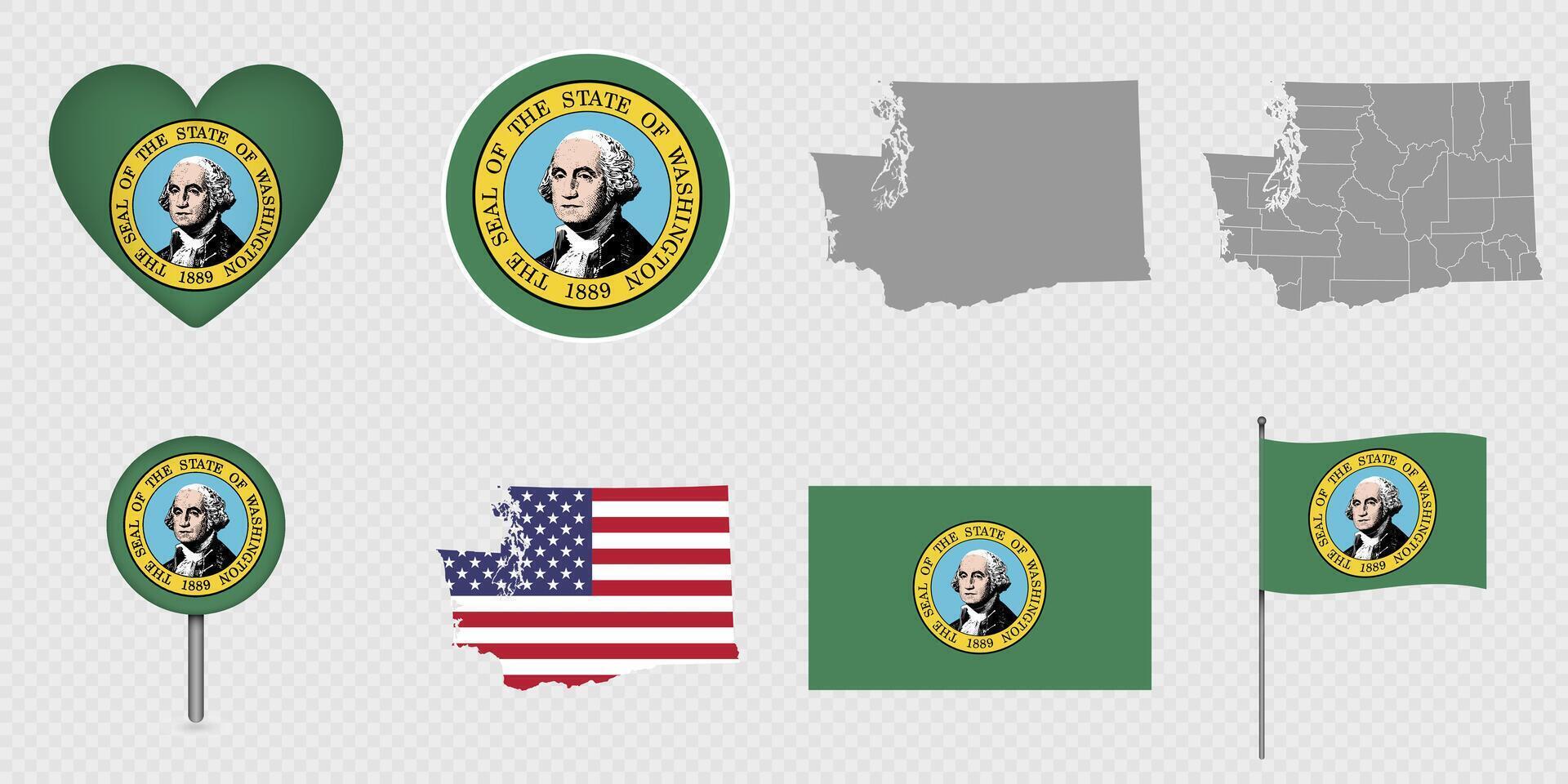 Washington State Flags and Maps Icon Pack. vector