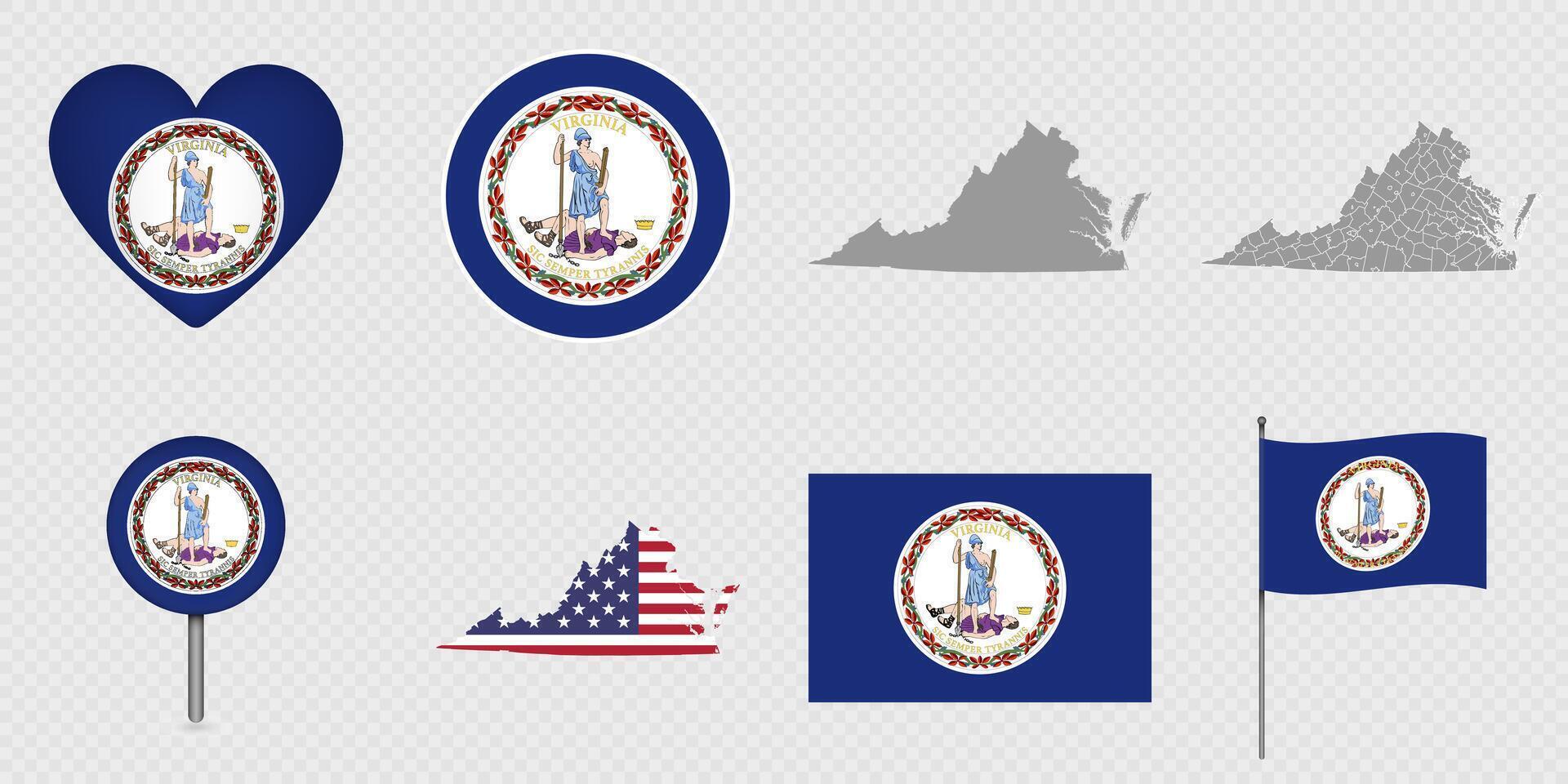 Virginia State Flags and Maps Icon Pack. vector