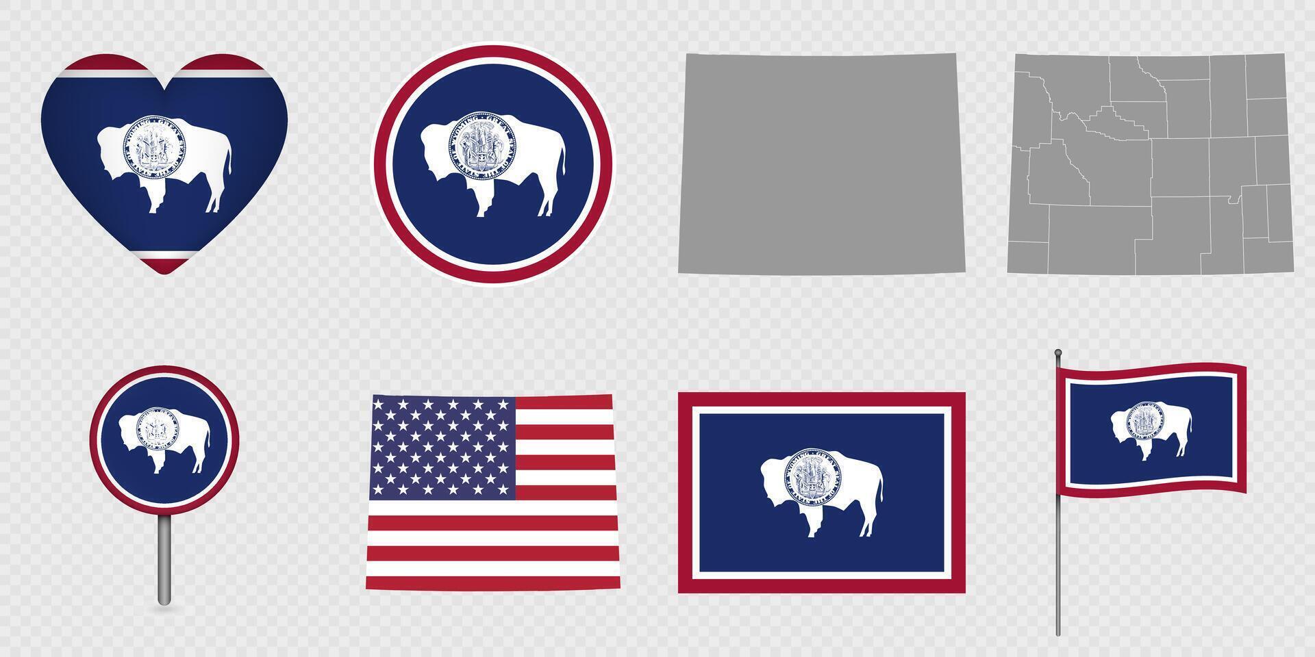 Wyoming State Flags and Maps Icon Pack. vector