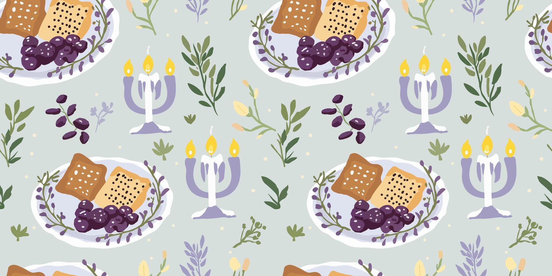 An elegant Seder plate with matzah, bitter herbs, charoset, and a roasted bone, as well as a small candle glowing gently that reflects the warmth and simplicity of Passover Eve. vector