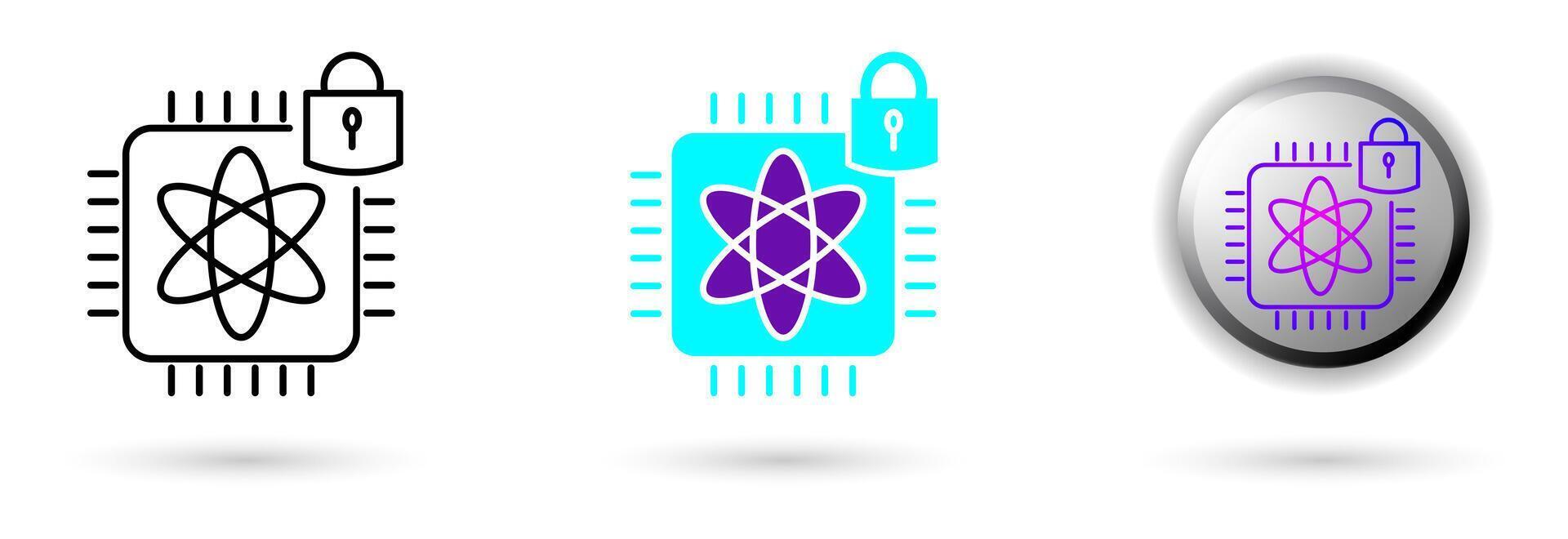 icon of Quantum cryptography and technological innovation. Various styles such as outline, solid, and glossy effects, ideal for AI startups, science research, and quantum computing development. vector