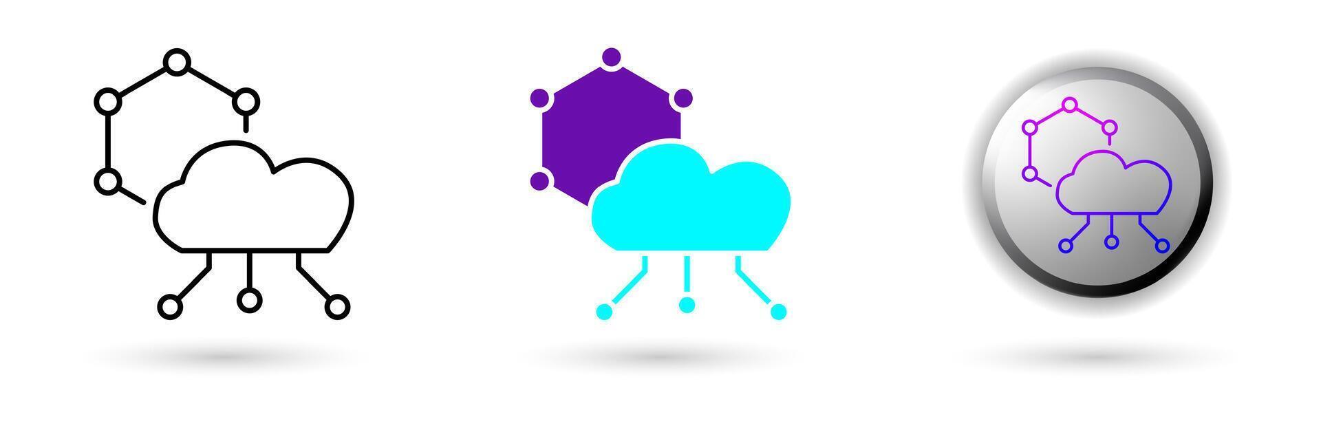 icon of Quantum Computing Cloud and technology innovation. Various styles such as outline, solid, and glossy effects, ideal for AI startups, science research, and quantum computing development. vector