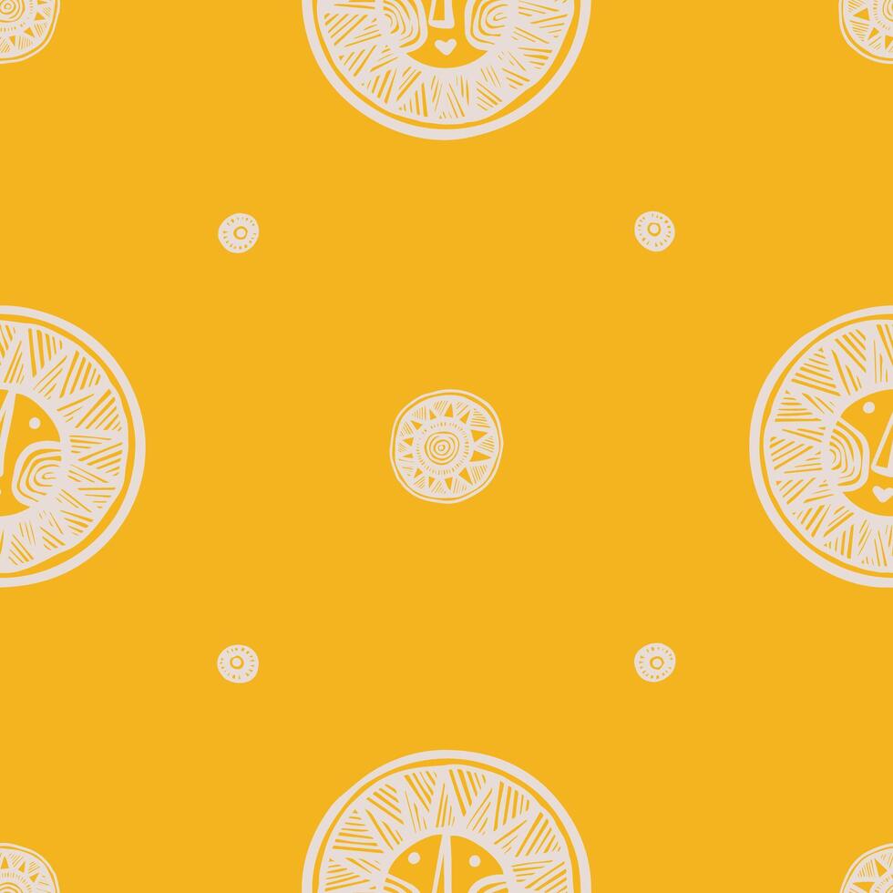 Seamless pattern with white sun faces on a yellow background vector