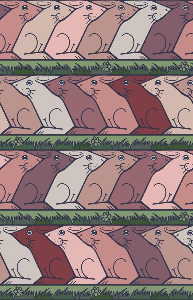Seamless Escher Style Tessellation with Alternating Rabbits and Grass Stripes in Soft Colours vector