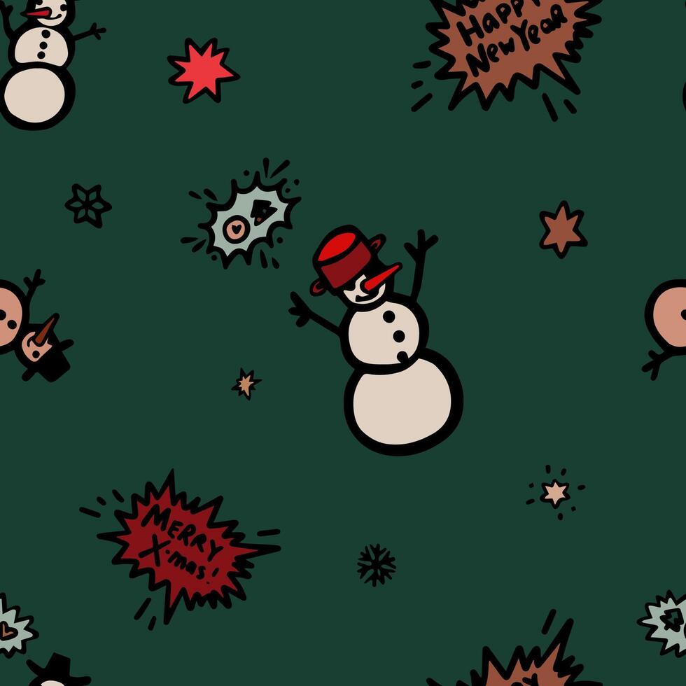 Seamless Christmas and New Year pattern with playful snowmen, festive speech bubbles, and seasonal decor on a green background vector