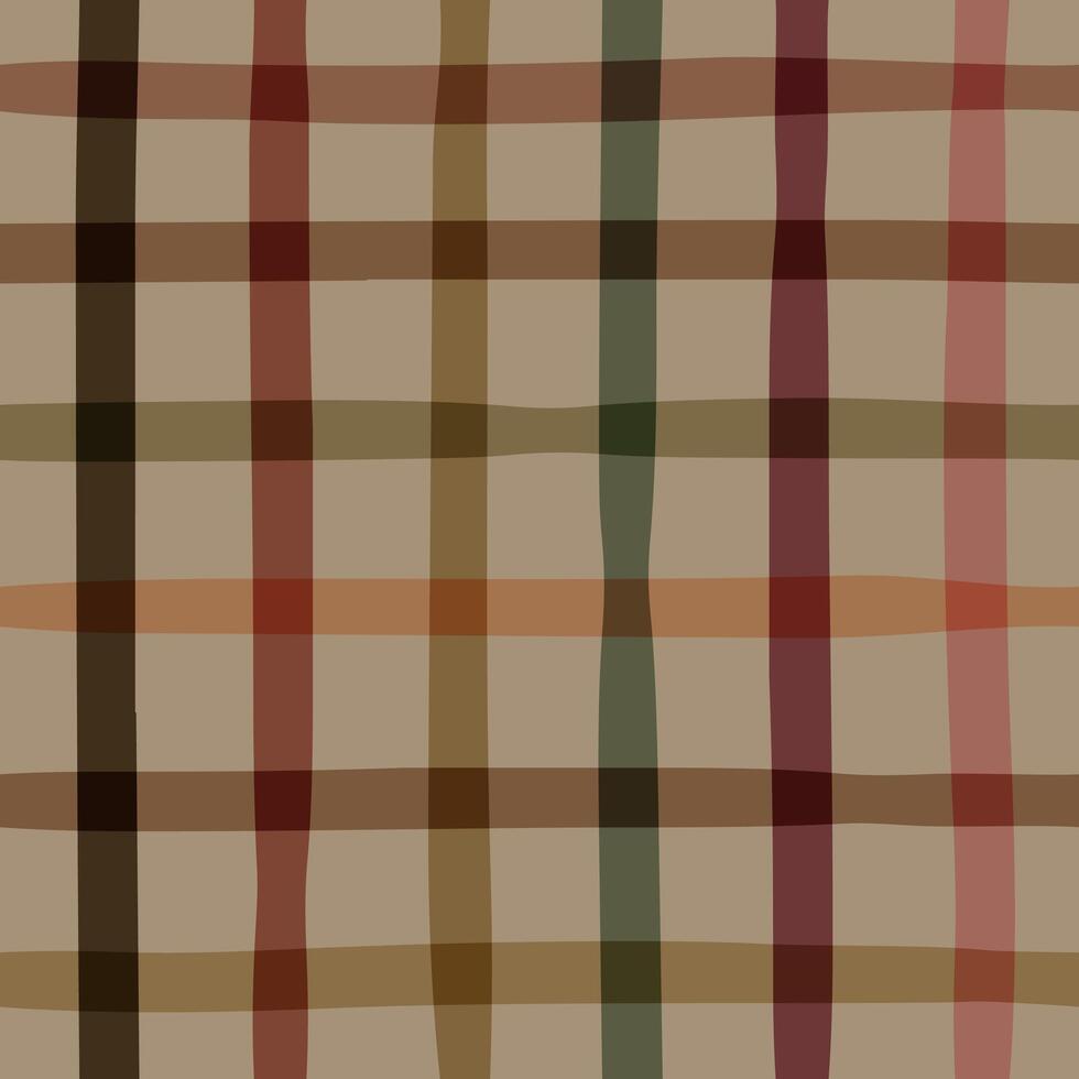 Hand drawn checkered seamless pattern with warm muted colours of red, pink, orange, green and brown on a soft beige background vector