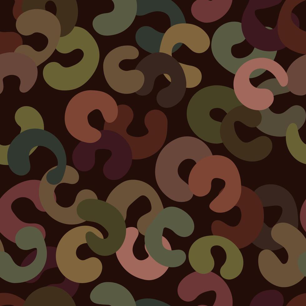 Seamless pattern with organic abstract brushstroke loops in earthy shades of green on a warm, velvety chocolate brown background vector