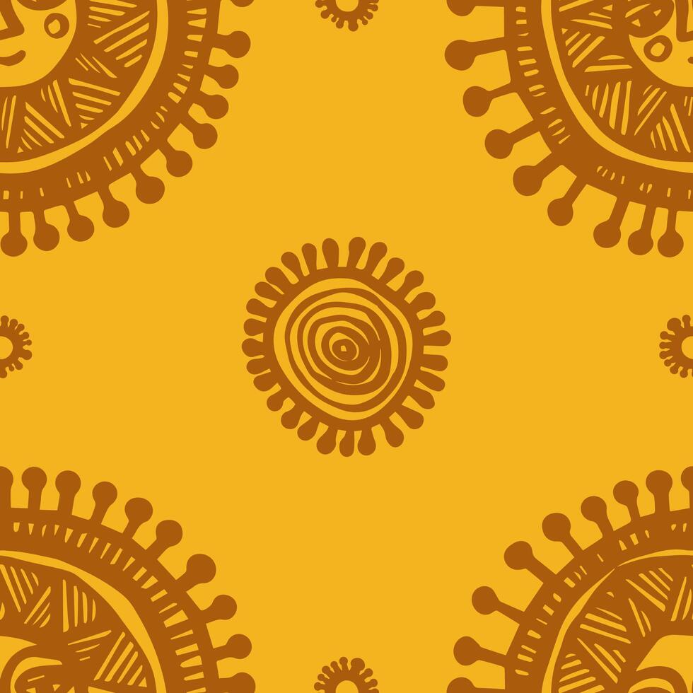Seamless Pattern with Cinnamon-Colored Suns on a Yellow Background vector