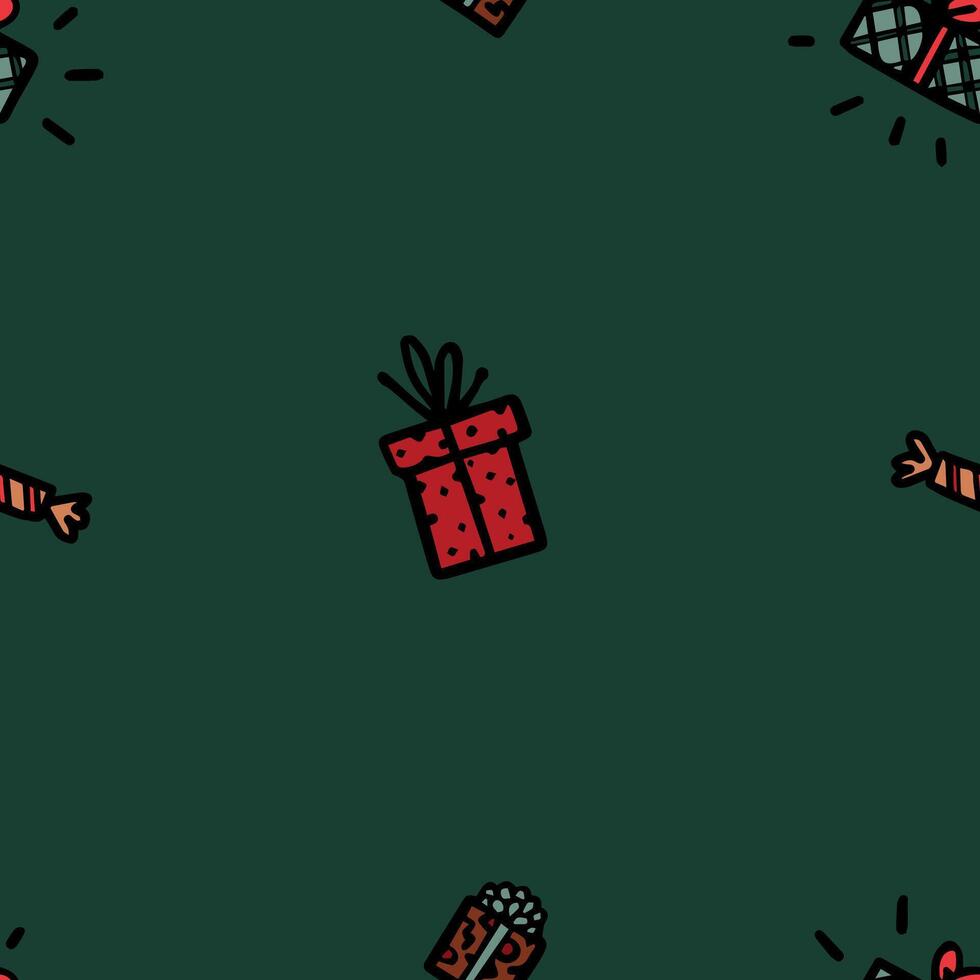 Seamless Christmas and New Year pattern with beautifully wrapped gifts and festive crackers on a dark green background vector