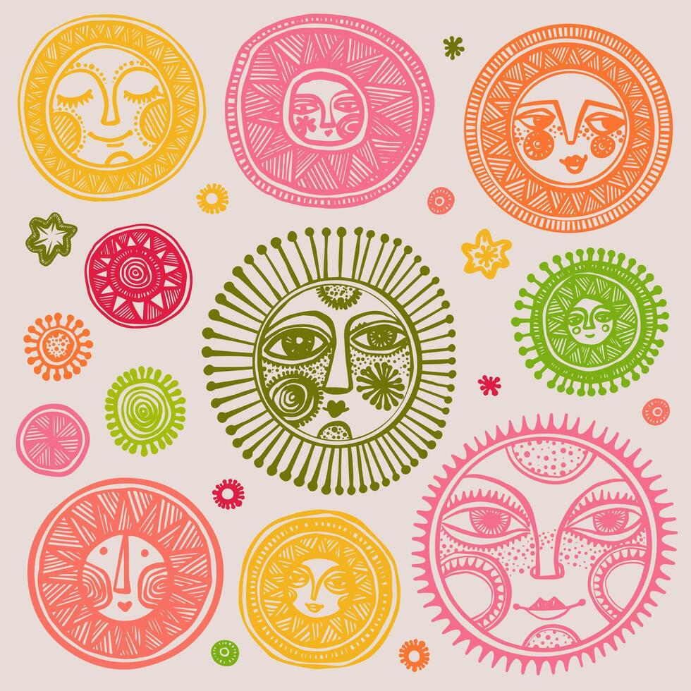 set with hand drawn colourful suns vector