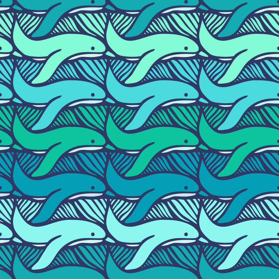 Seamless tessellation pattern with dolphins in ocean shades vector