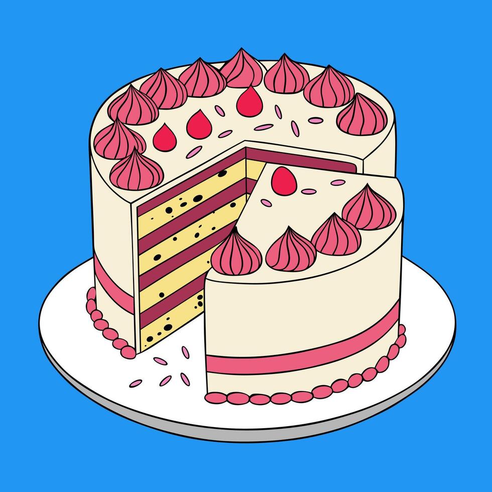 A colorful illustration of a layered cake with decorative toppings, perfect for dessert-themed designs, bakery advertisements, or party invitations. vector