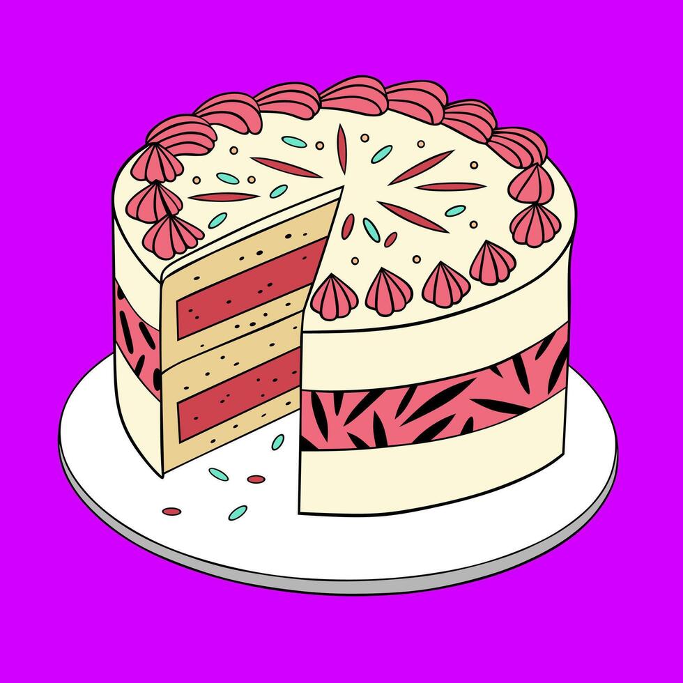 A vibrant drawing of a festive cream cake with colorful frosting and toppings, ideal for food design projects, cards, and digital content. vector