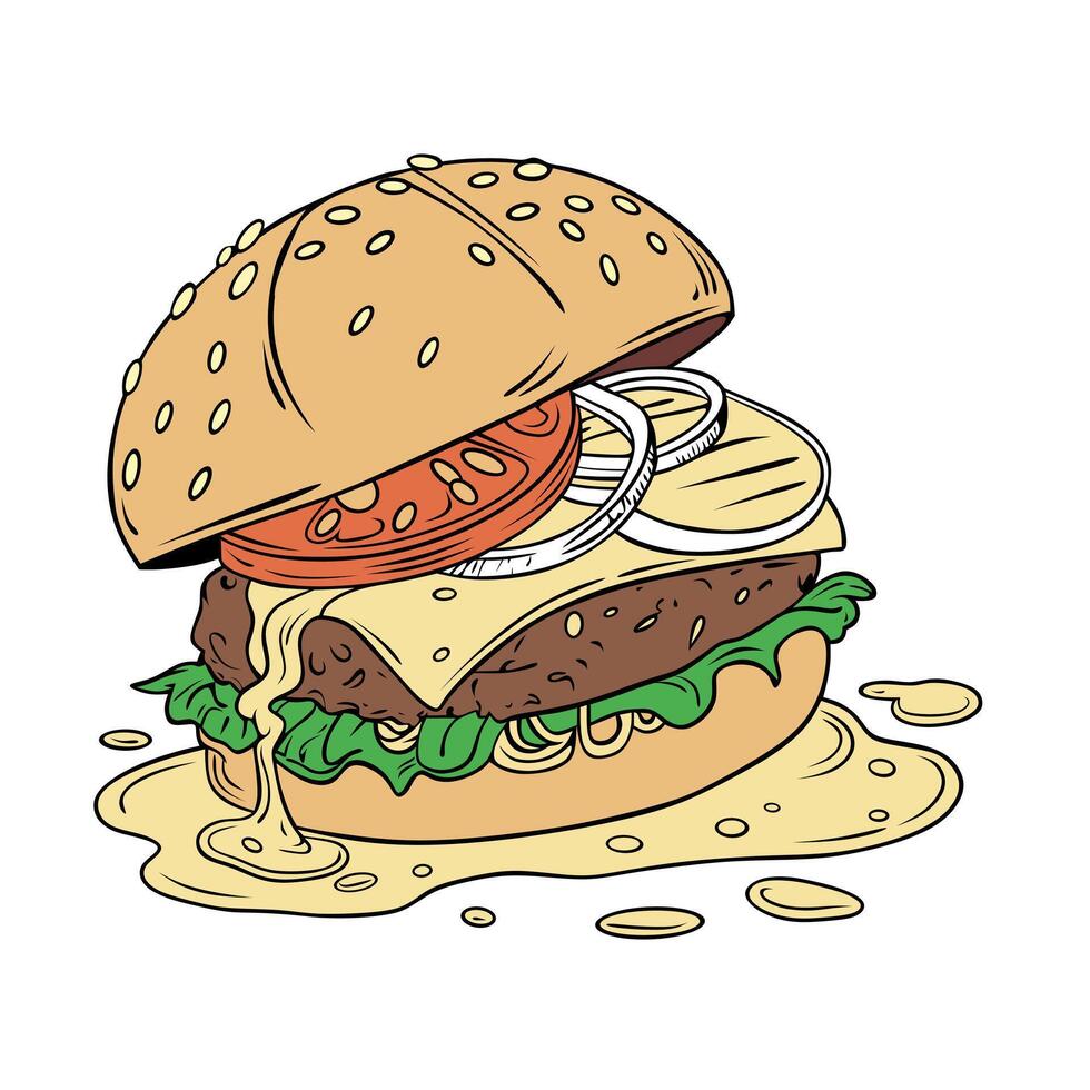 Colorful illustration of a juicy burger with melted cheese, lettuce, tomato, and onion slices in a sesame bun. Perfect for food related designs, menus, advertisements and culinary blogs vector