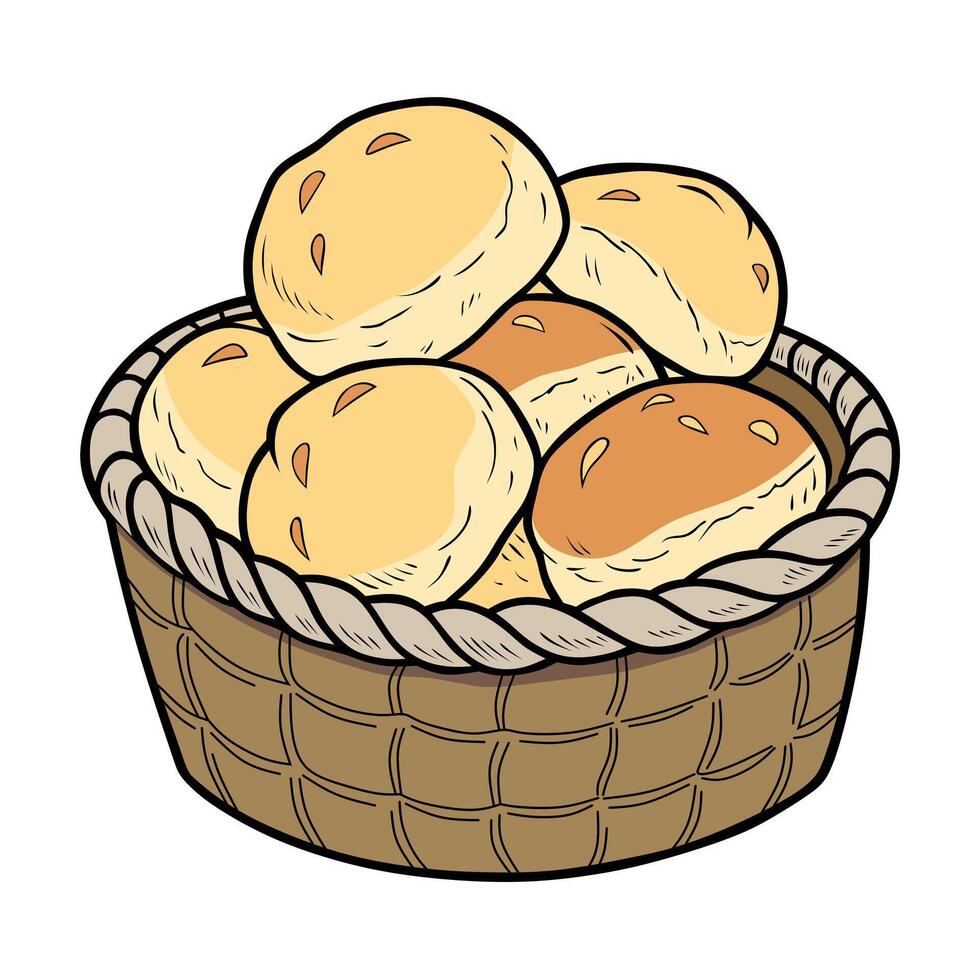 Color illustration of soft bread rolls in a woven basket. Ideal for food-themed designs, bakery branding, menu illustrations, or culinary related creative projects vector