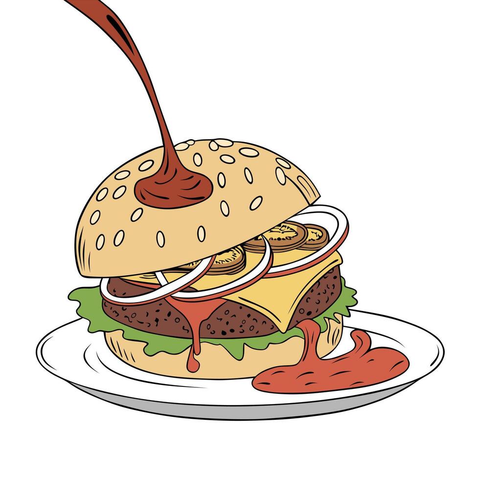 Color illustration of a juicy burger on a plate, topped with cheese, lettuce, onion, pickles, and dripping sauce. Perfect for food related designs, menus, culinary blogs, or microstock content. vector