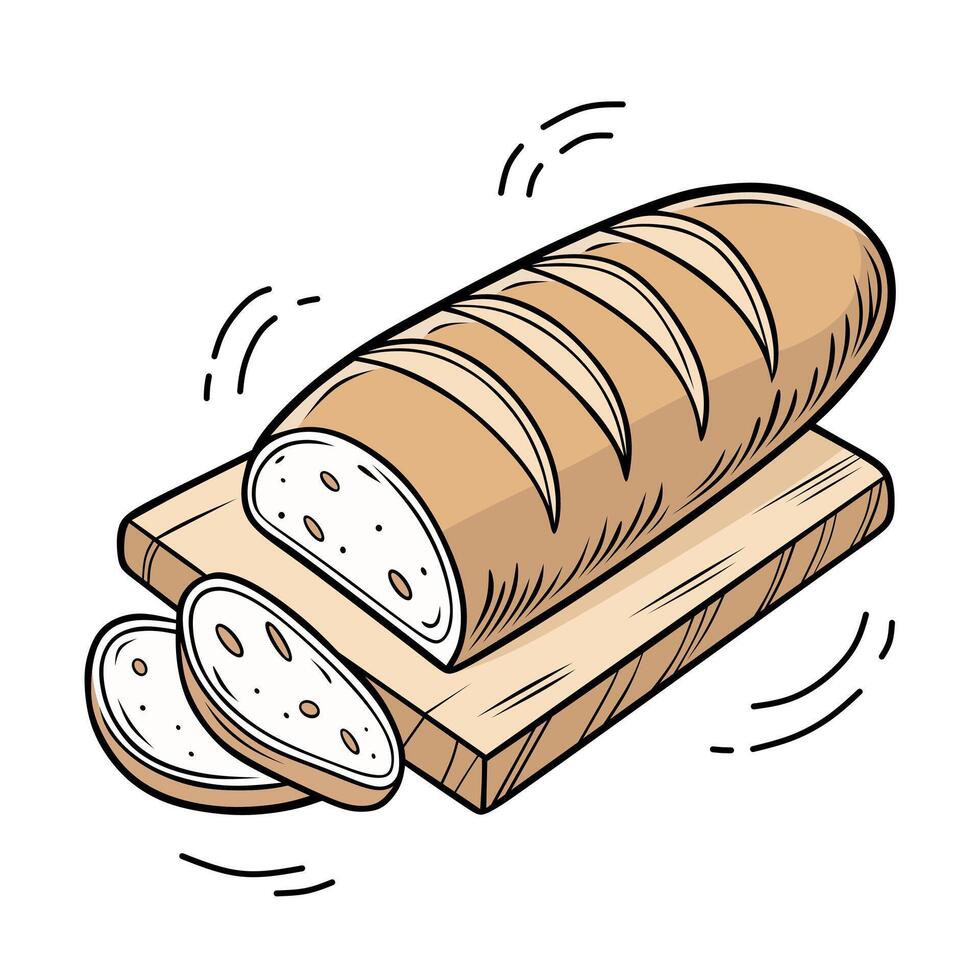 Illustration of a French baguette with a few slices on a wooden board. Perfect for culinary designs, bakery themes, recipes, or food related graphic needs. vector