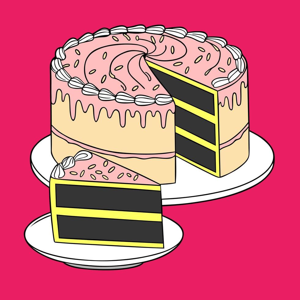 A playful illustration of a chocolate layer cake with pink frosting and decorative toppings, suitable for food advertisements, menus, and creative designs. vector