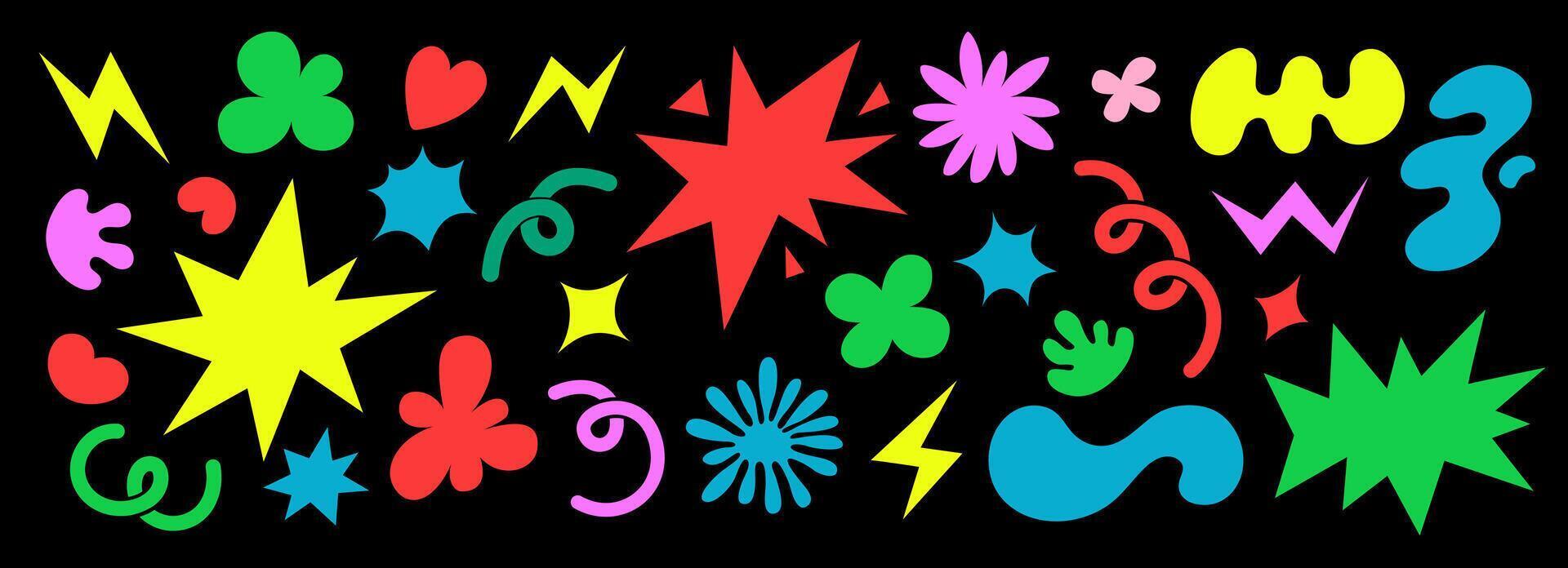 Abstract clouds and flowers shapes sticker set. Groovy funky flowers, bubbles, stars, loops and waves in trendy retro cartoon style. Illustration with wavy elements. vector