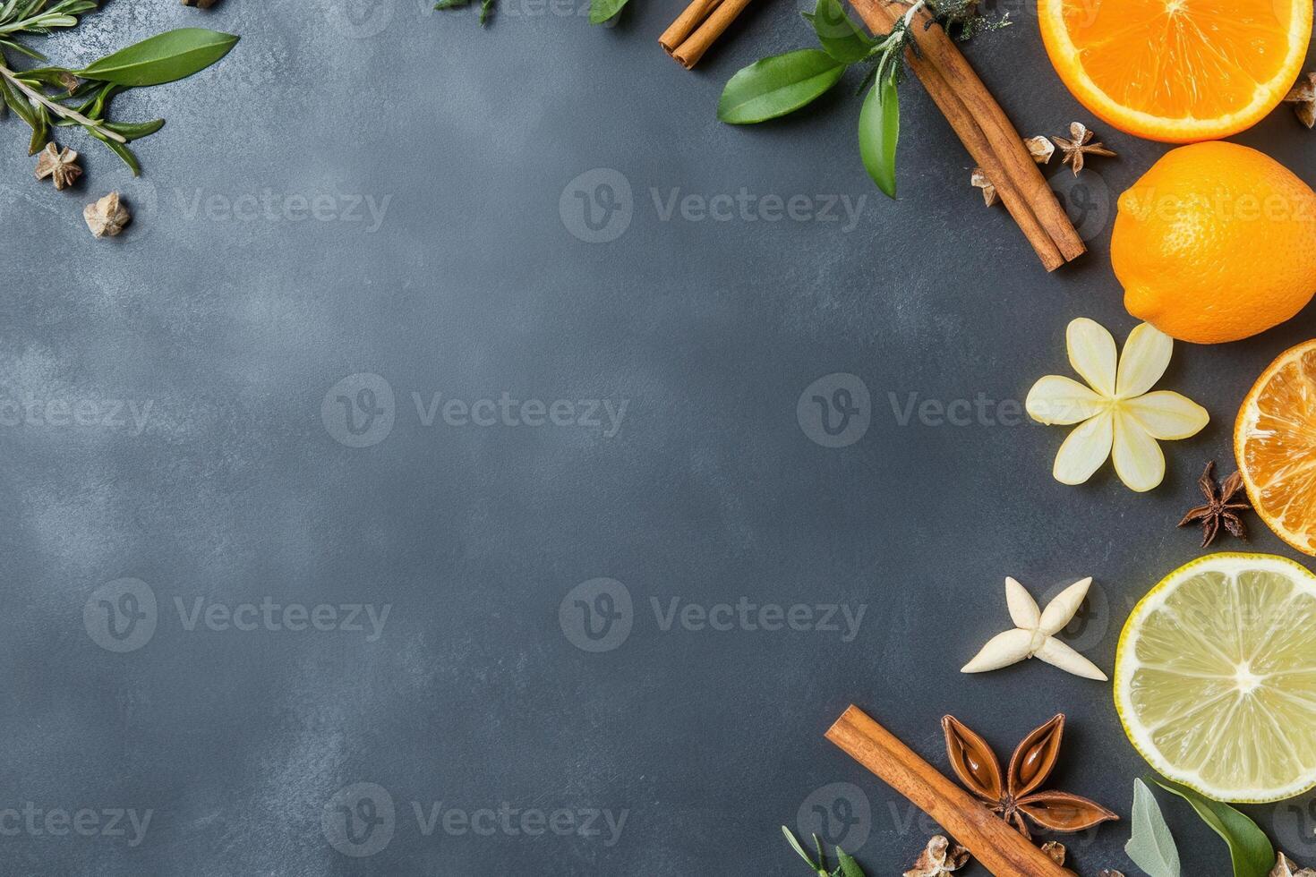 Citrus and spice composition on a dark surface, creating a warm, inviting and aromatic scent photo