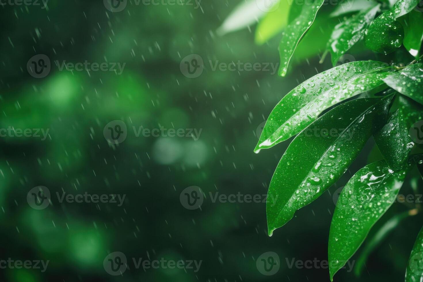Raindrops falling on vibrant green leaves create a refreshing and serene nature scene photo