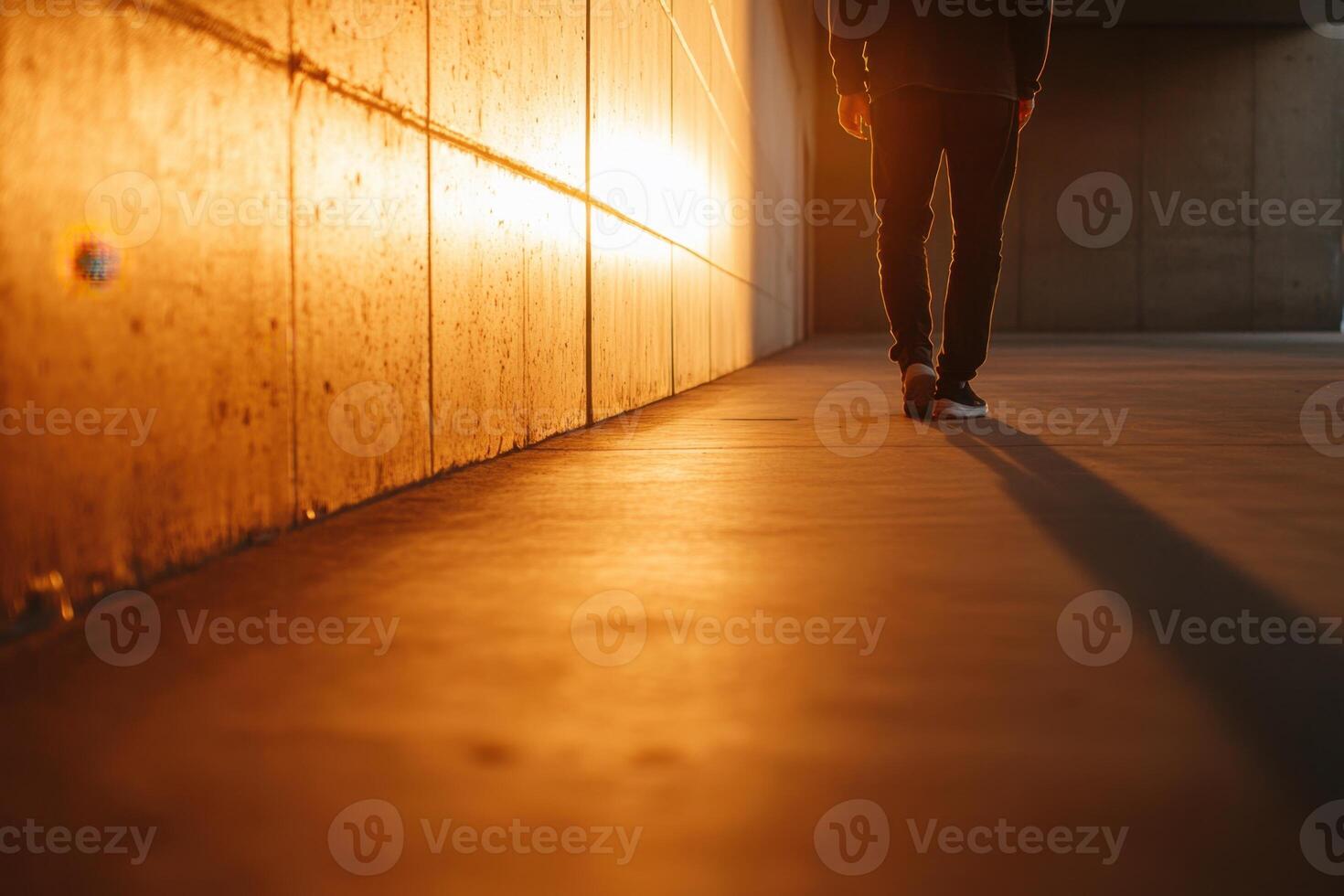 Person walking through an illuminated passage, bathed in warm light, casting a long shadow photo