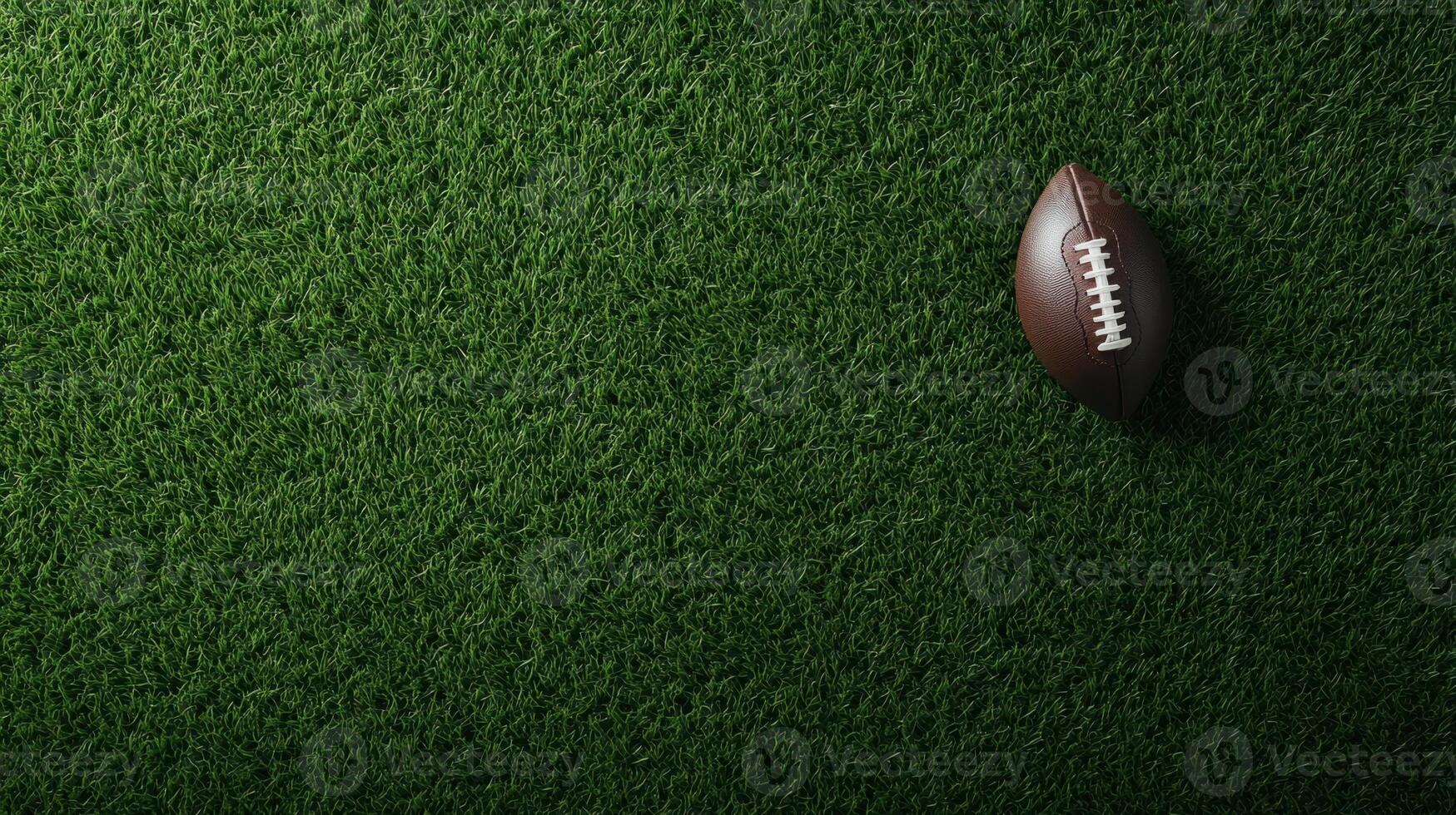 Aerial view of a brown leather ball with white stitching on the side, resting on green grass photo