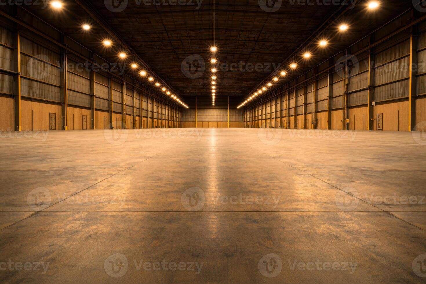 Spacious Empty Warehouse, An industrial warehouse is illuminated by bright overhead lighting photo