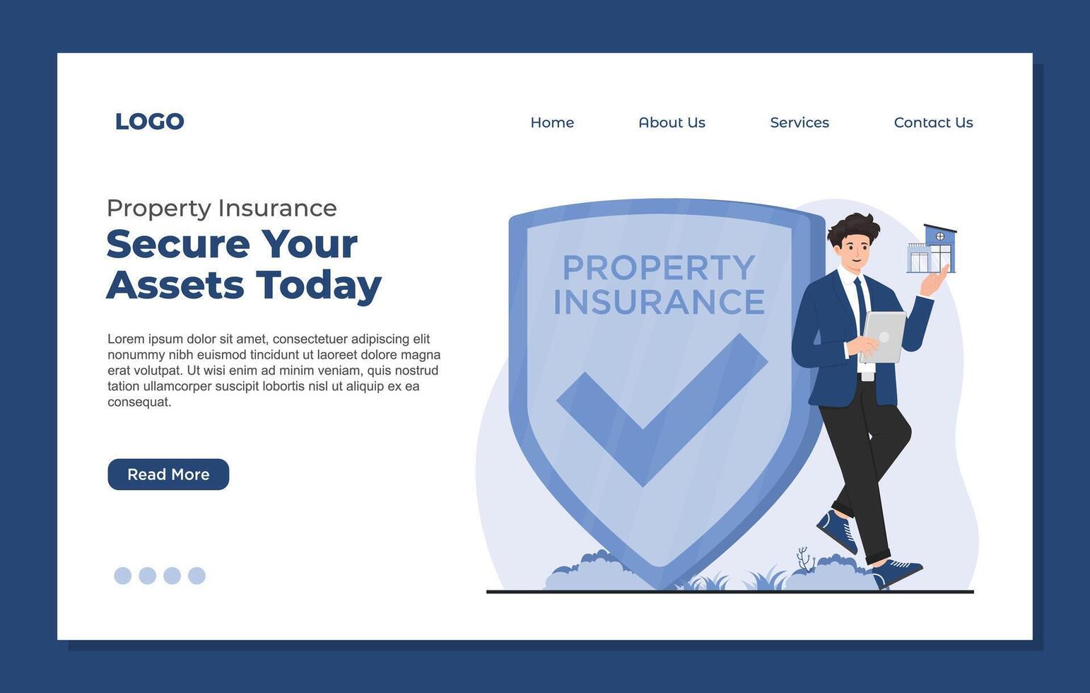 illustration of web page design template. Businessman with property insurance concept, shield and check mark. Modern flat style. vector